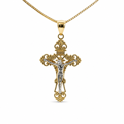 14KT Gold Charm Large Two Tone Ornate Crucifix Cross with Plain Bell
