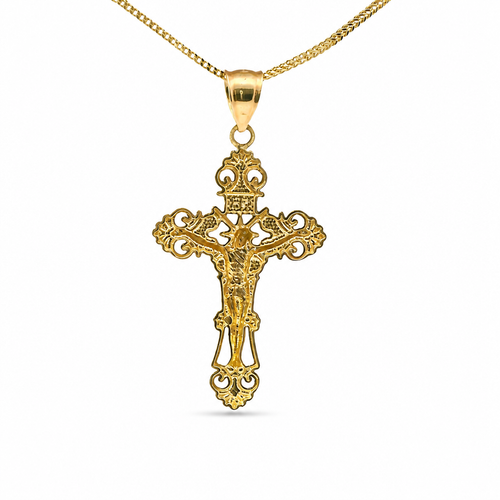 14KT Gold Charm Large Two Tone Ornate Crucifix Cross with Plain Bell