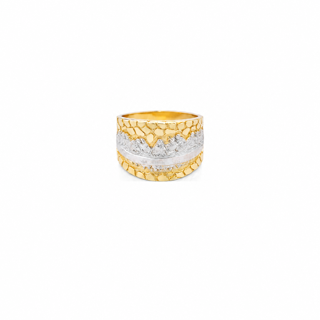 14KT Gold Ring Men's Two Tone Last Supper Nugget Border