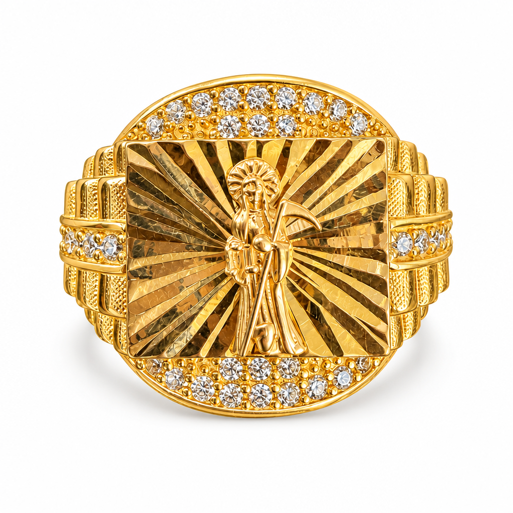 14KT Gold Ring Men's Two Tone Square Santa Muerte / Grim Reaper Center with Sunray Background, White CZ Stone Border with White CZ Stone Top/Side and Side with Ridged Watch Design Band
