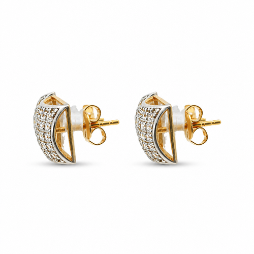 14KT Gold Earring Small Two Tone Curved Square White CZ Stones Cluster with Push Back Post and Butterfly Backs