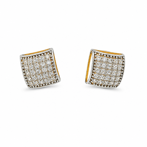 14KT Gold Earring Small Two Tone Curved Square White CZ Stones Cluster with Push Back Post and Butterfly Backs