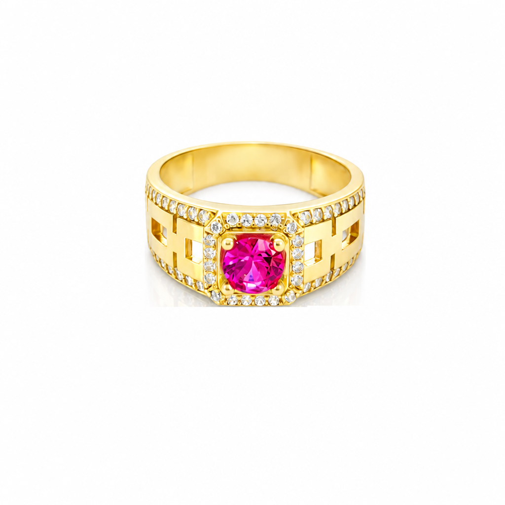 14KT Gold Ring Men's Square Red Round CZ Center Stone White CZ Stone Border Side Design White CZ Stones with Mariner Link
