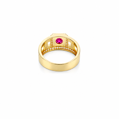 14KT Gold Ring Men's Square Red Round CZ Center Stone White CZ Stone Border Side Design White CZ Stones with Mariner Link