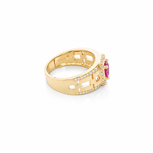 14KT Gold Ring Men's Square Red Round CZ Center Stone White CZ Stone Border Side Design White CZ Stones with Mariner Link