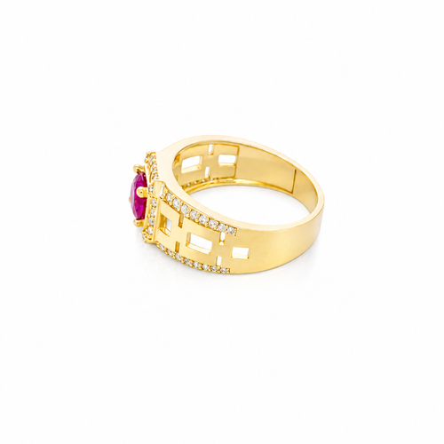 14KT Gold Ring Men's Square Red Round CZ Center Stone White CZ Stone Border Side Design White CZ Stones with Mariner Link