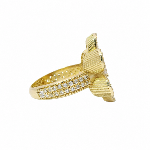 14KT Gold Ring Women's Hollow Six Petal Daisy Petals with White CZ Stone Center and Border
