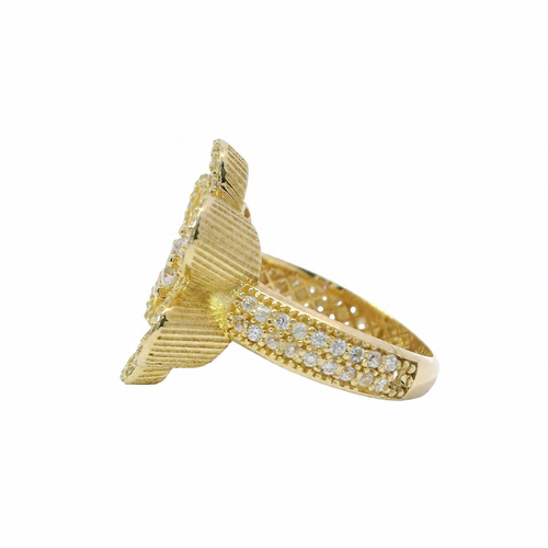 14KT Gold Ring Women's Hollow Six Petal Daisy Petals with White CZ Stone Center and Border