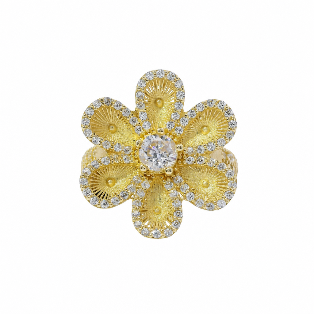 14KT Gold Ring Women's Hollow Six Petal Daisy Petals with White CZ Stone Center and Border