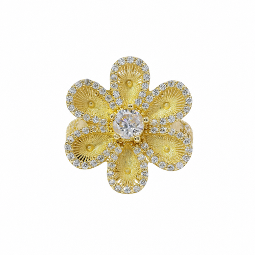 14KT Gold Ring Women's Hollow Six Petal Daisy Petals with White CZ Stone Center and Border