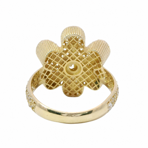 14KT Gold Ring Women's Hollow Six Petal Daisy Petals with White CZ Stone Center and Border