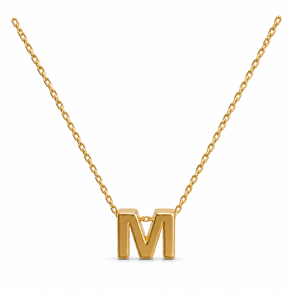14KT Gold Solid Set Thin Chain Cable Link with Spring Lock Clasp and Single Block Font Uppercase Initial "M"