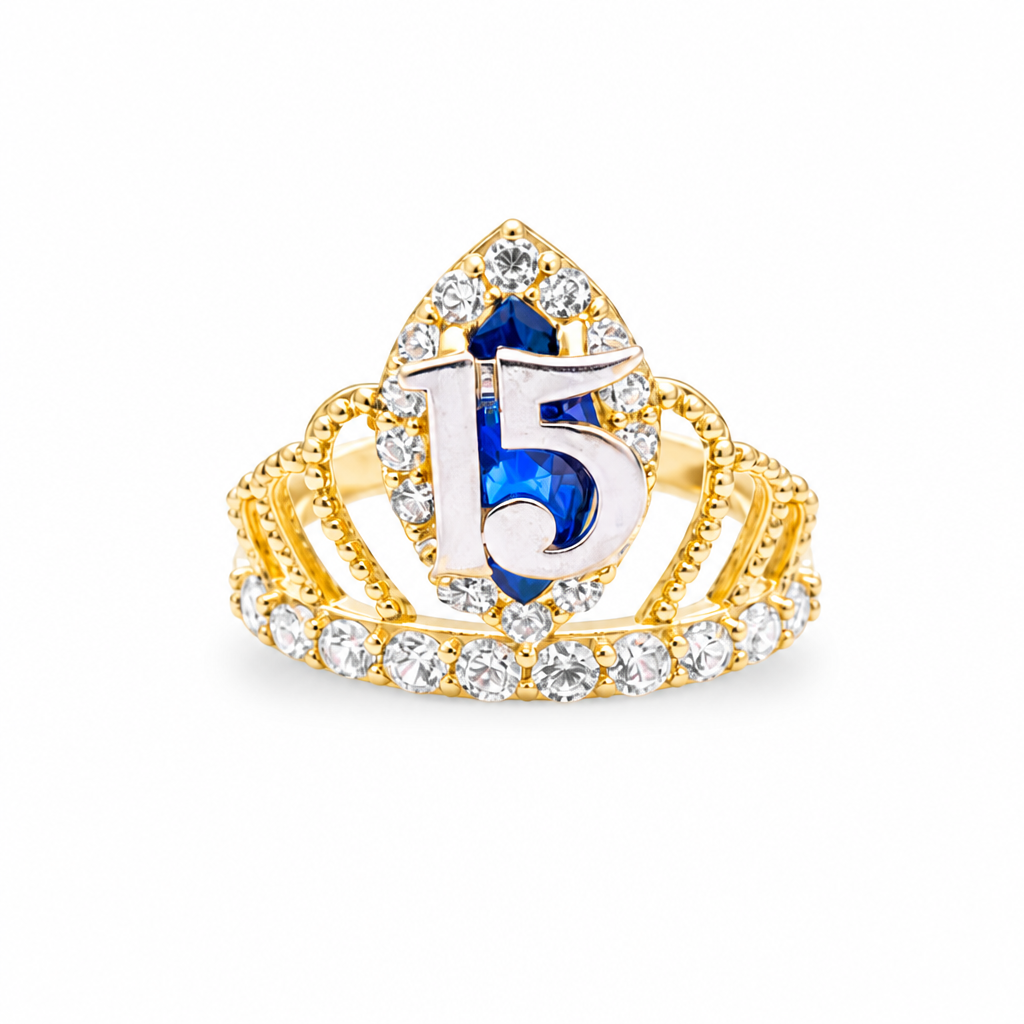 14KT Gold Ring Women's "15" Quincenaera Two Tone Navy Blue Marquise CZ Center Stone Tall Tiara with White CZ Stones Band