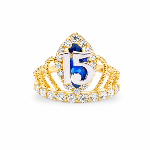 14KT Gold Ring Women's "15" Quincenaera Two Tone Navy Blue Marquise CZ Center Stone Tall Tiara with White CZ Stones Band