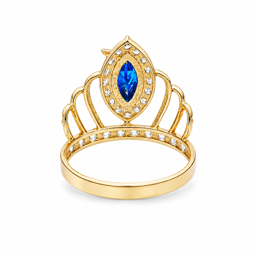 14KT Gold Ring Women's "15" Quincenaera Two Tone Navy Blue Marquise CZ Center Stone Tall Tiara with White CZ Stones Band