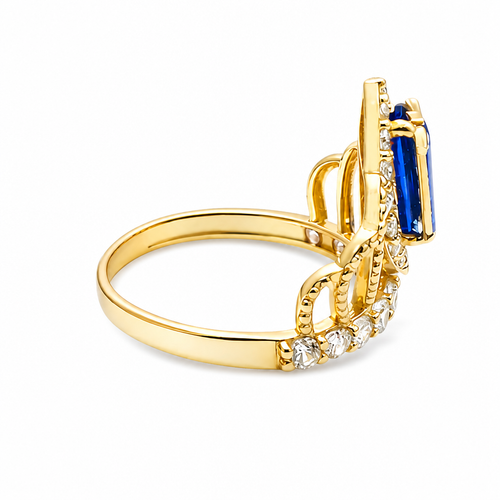 14KT Gold Ring Women's "15" Quincenaera Two Tone Navy Blue Marquise CZ Center Stone Tall Tiara with White CZ Stones Band