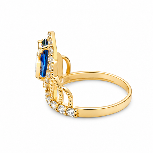 14KT Gold Ring Women's "15" Quincenaera Two Tone Navy Blue Marquise CZ Center Stone Tall Tiara with White CZ Stones Band