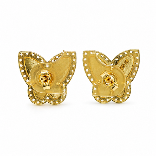 14KT Gold Earrings Medium Sunray Butterfly with White CZ Stones, Push Back Post and Butterfly Backs
