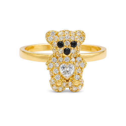 14KT Gold Ring Small White CZ Stones Teddy Bear with White Heart CZ Stone Belly, Black Eyes, and Plain Band