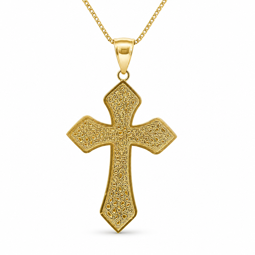 14KT Gold Charm Medium Nugget Gothic Cross with Plain Bell