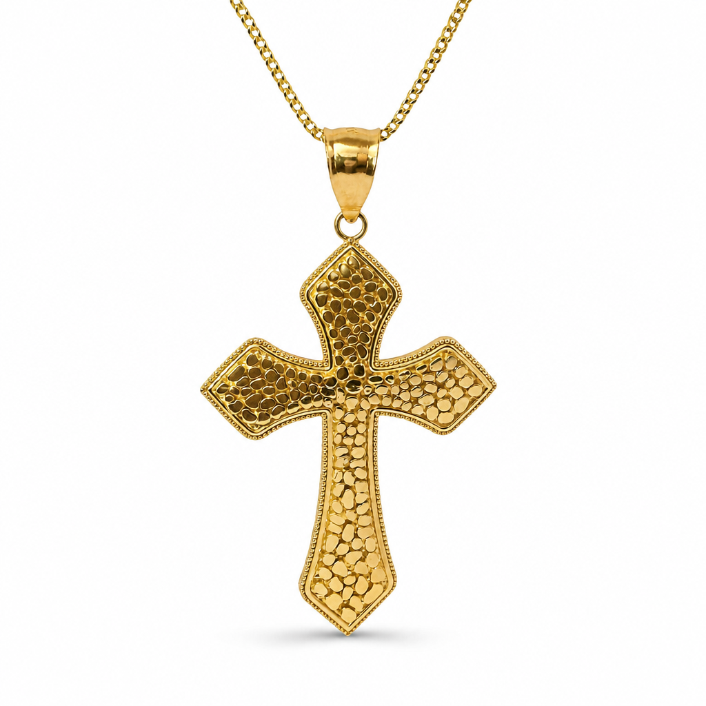 14KT Gold Charm Medium Nugget Gothic Cross with Plain Bell