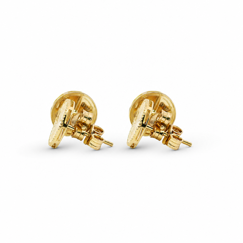 14KT Gold Earrings Small Sunray Round Circle with Dotted Border, Push Back Post and Butterfly Backs