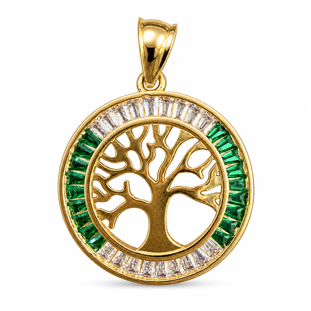 14KT Gold Charm Large Round Open Center Tree of Life with Dark Green and White Baguette CZ Stones Border and Plain Bell
