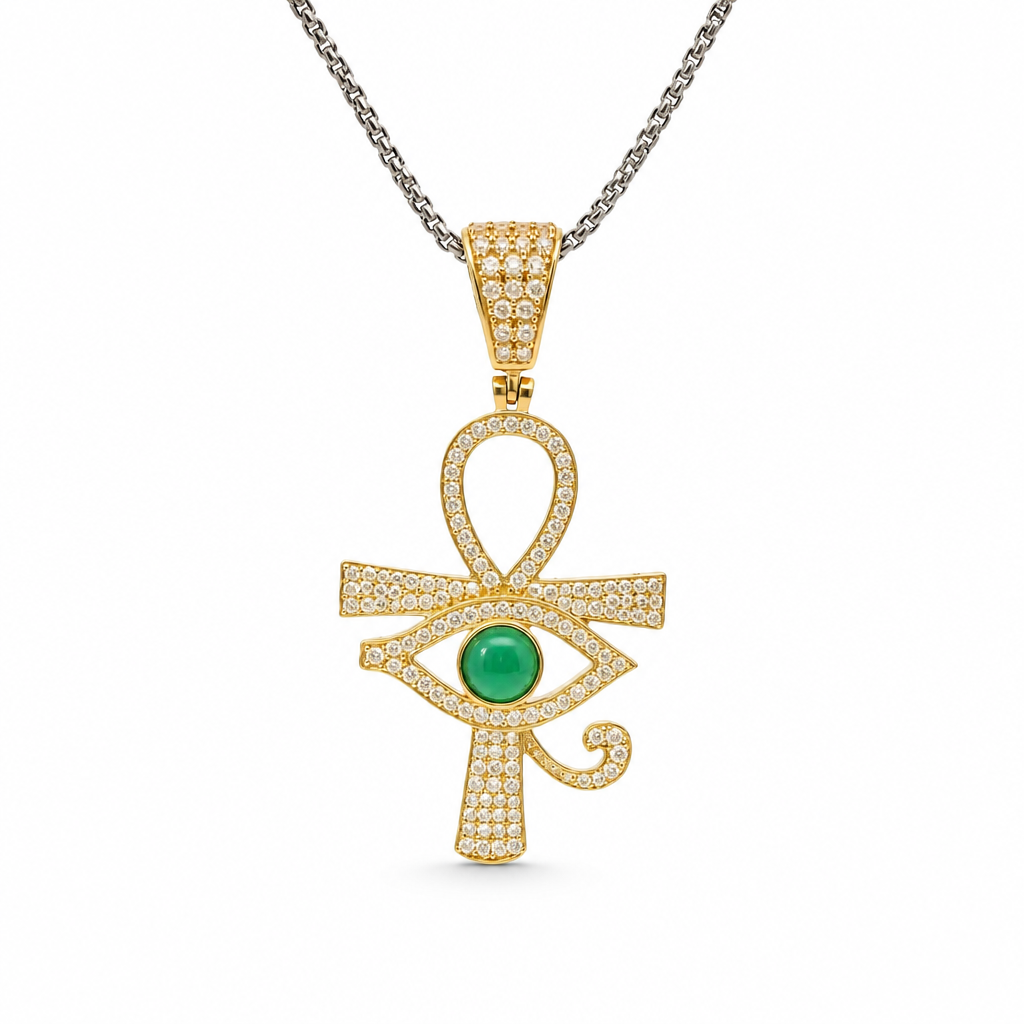 14KT Gold Charm Large White CZ Stones Ankh with Green Eye of Horus Center and White CZ Stones Bell