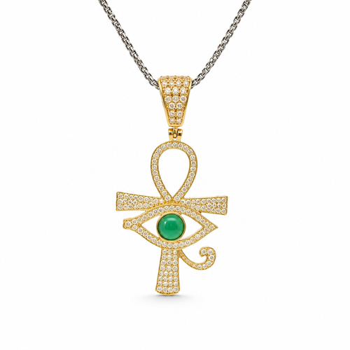 14KT Gold Charm Large White CZ Stones Ankh with Green Eye of Horus Center and White CZ Stones Bell