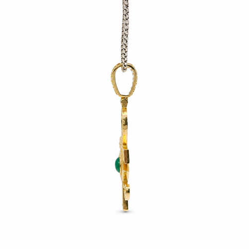 14KT Gold Charm Large White CZ Stones Ankh with Green Eye of Horus Center and White CZ Stones Bell
