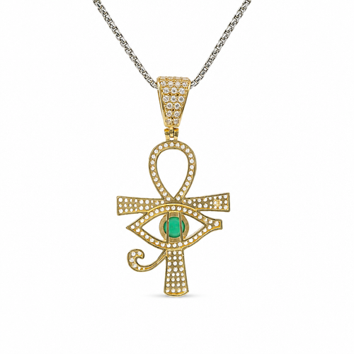 14KT Gold Charm Large White CZ Stones Ankh with Green Eye of Horus Center and White CZ Stones Bell