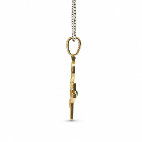 14KT Gold Charm Large White CZ Stones Ankh with Green Eye of Horus Center and White CZ Stones Bell