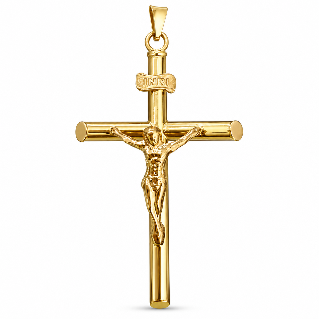 14KT Gold Charm Large Plain Hollow Tube Slant Ends Crucifix Cross with Plain Bell