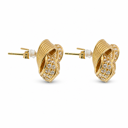 14KT Gold Earrings Medium Four Cord Strand White CZ Stones Open Flattened Square Knot with Plain Borders, Push Back Post, and Butterfly Backs