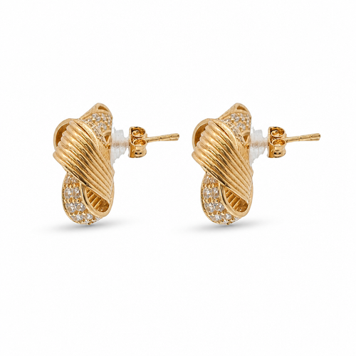 14KT Gold Earrings Medium Four Cord Strand White CZ Stones Open Flattened Square Knot with Plain Borders, Push Back Post, and Butterfly Backs