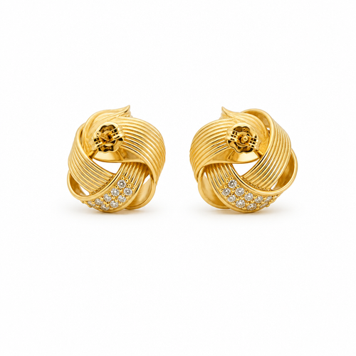 14KT Gold Earrings Medium Four Cord Strand White CZ Stones Open Flattened Square Knot with Plain Borders, Push Back Post, and Butterfly Backs