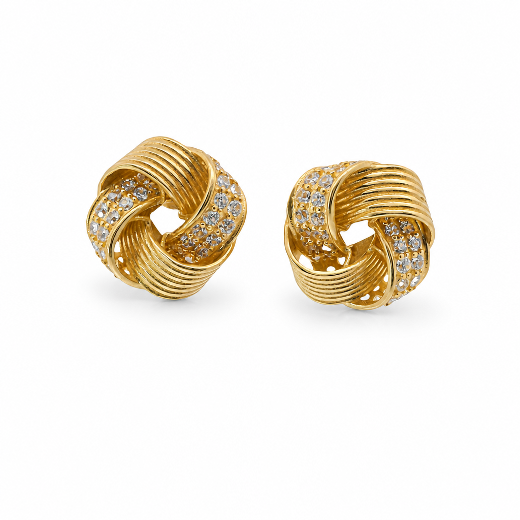 14KT Gold Earrings Medium Four Cord Strand White CZ Stones Open Flattened Square Knot with Plain Borders, Push Back Post, and Butterfly Backs