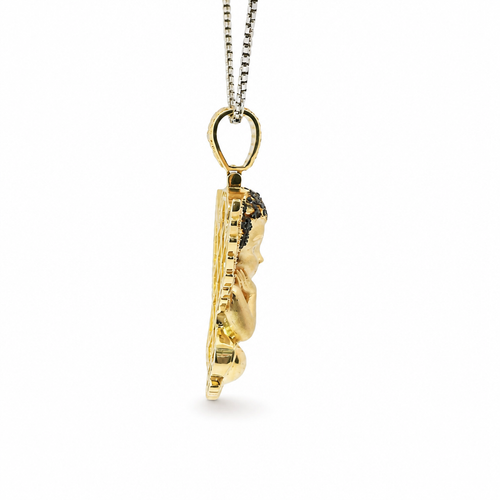 14KT Gold Charm Large 3D Baby Angel Flat Back with Dark Pink Robe, Black CZ Stones Hair, and White CZ Stones Wings and Bell