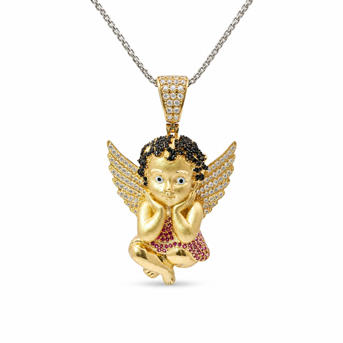 14KT Gold Charm Large 3D Baby Angel Flat Back with Dark Pink Robe, Black CZ Stones Hair, and White CZ Stones Wings and Bell