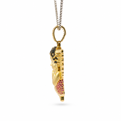 14KT Gold Charm Large 3D Baby Angel Flat Back with Dark Pink Robe, Black CZ Stones Hair, and White CZ Stones Wings and Bell