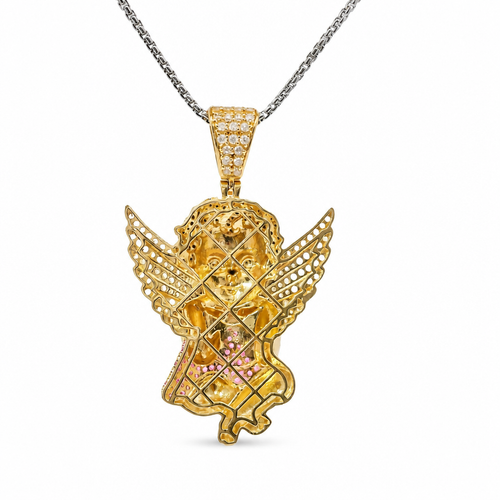 14KT Gold Charm Large 3D Baby Angel Flat Back with Dark Pink Robe, Black CZ Stones Hair, and White CZ Stones Wings and Bell