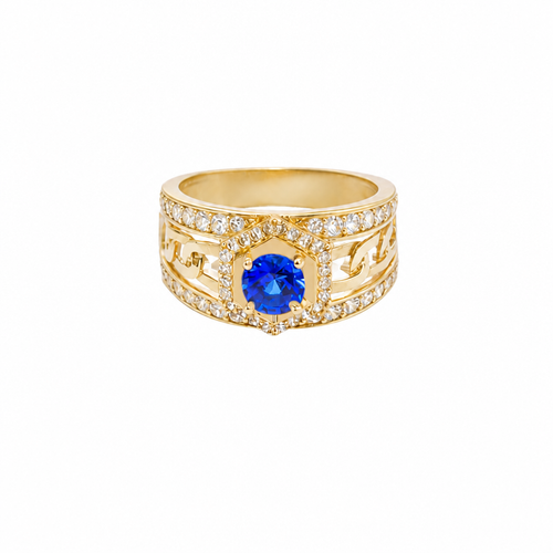 14KT Gold Ring Men's Round Blue CZ Stone Hexagon White CZ Stones Border with Side Design White CZ Stones/ Cuban Link Design