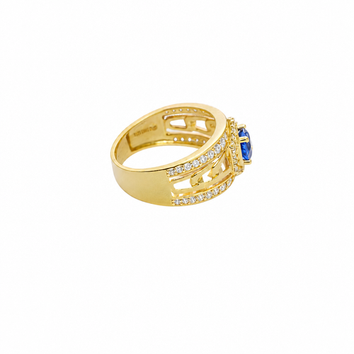 14KT Gold Ring Men's Round Blue CZ Stone Hexagon White CZ Stones Border with Side Design White CZ Stones/ Cuban Link Design