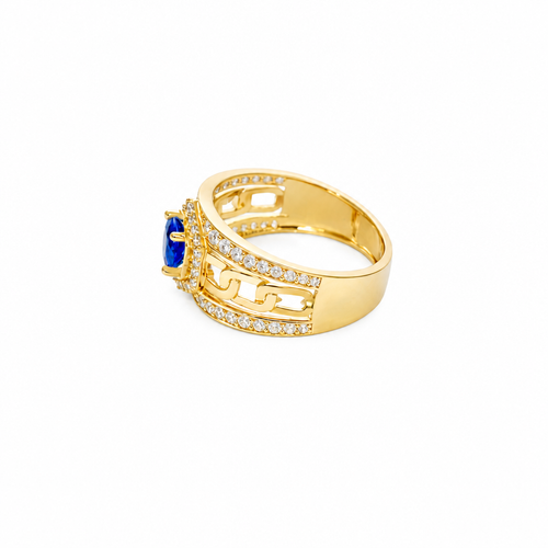 14KT Gold Ring Men's Round Blue CZ Stone Hexagon White CZ Stones Border with Side Design White CZ Stones/ Cuban Link Design