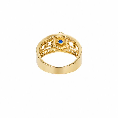 14KT Gold Ring Men's Round Blue CZ Stone Hexagon White CZ Stones Border with Side Design White CZ Stones/ Cuban Link Design