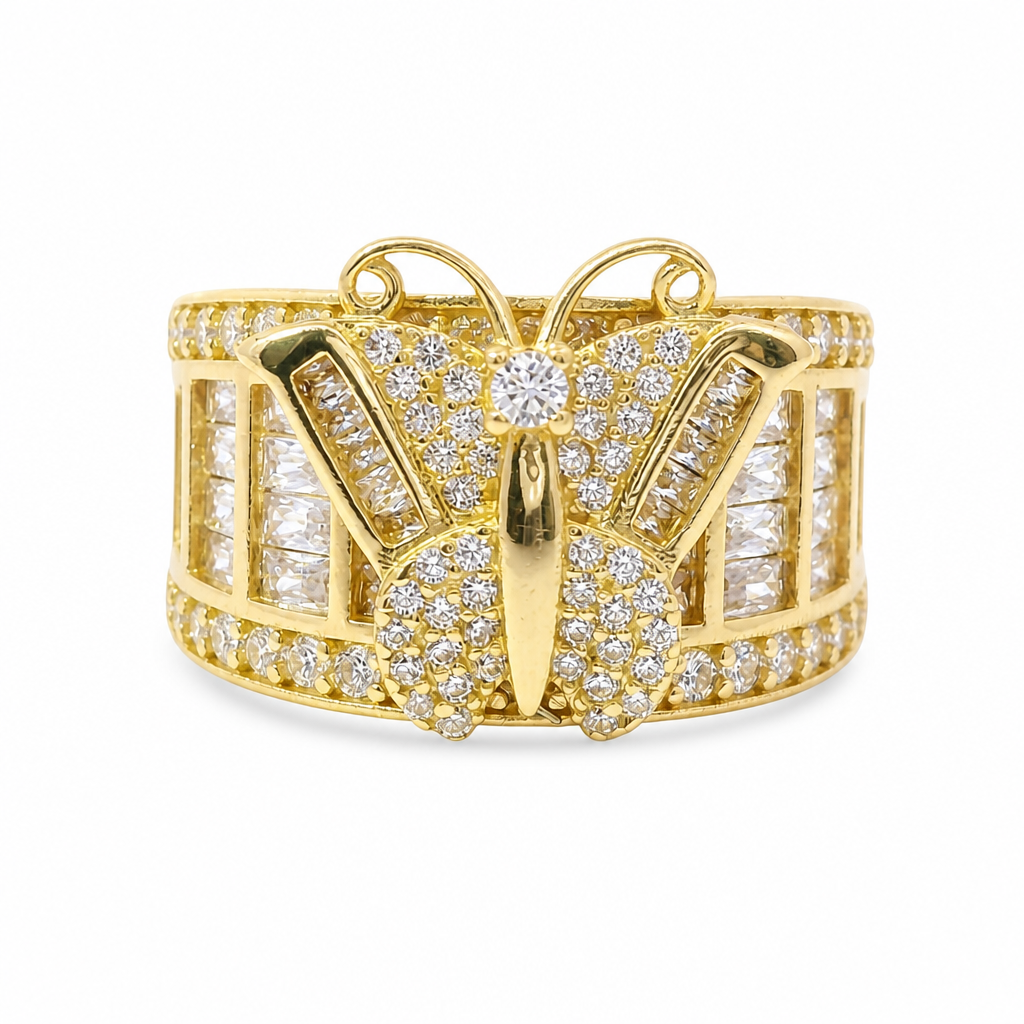 14KT Gold Ring Women's Butterfly Center with White CZ Stone Baguette Top Wings and Round Lower Wings with Three Section Baguette Band with Round White CZ Stones Border