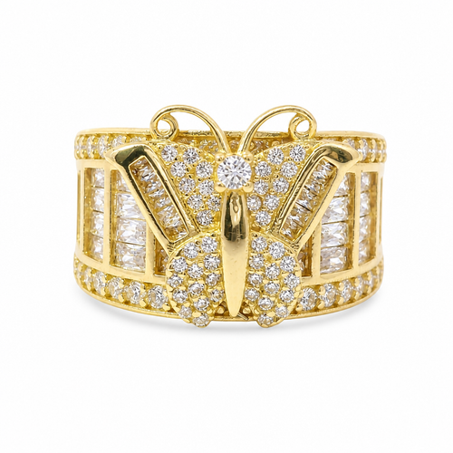 14KT Gold Ring Women's Butterfly Center with White CZ Stone Baguette Top Wings and Round Lower Wings with Three Section Baguette Band with Round White CZ Stones Border