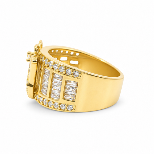 14KT Gold Ring Women's Butterfly Center with White CZ Stone Baguette Top Wings and Round Lower Wings with Three Section Baguette Band with Round White CZ Stones Border