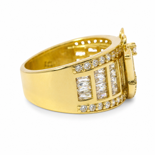 14KT Gold Ring Women's Butterfly Center with White CZ Stone Baguette Top Wings and Round Lower Wings with Three Section Baguette Band with Round White CZ Stones Border