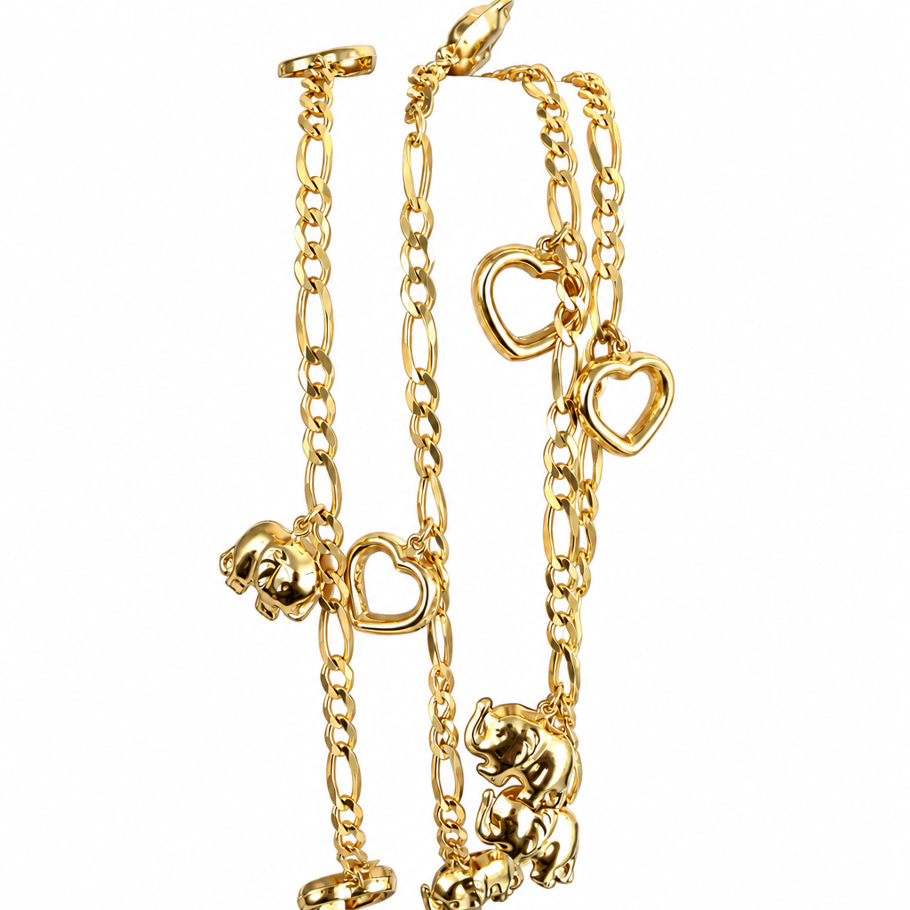 14KT Gold Hollow Plain Figaro Anklet with Puff Elephant and Open Puff Heart Charms 4.5mm